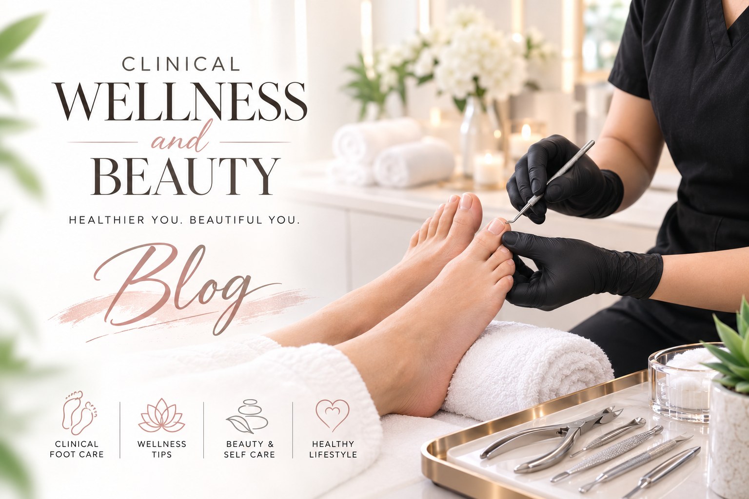 Clinical Wellness and Beauty Blog — a Clinical Foot Care Technician in gloves giving clinical foot care, with topics for clinical foot care, wellness tips, beauty and self care, and healthy lifestyle