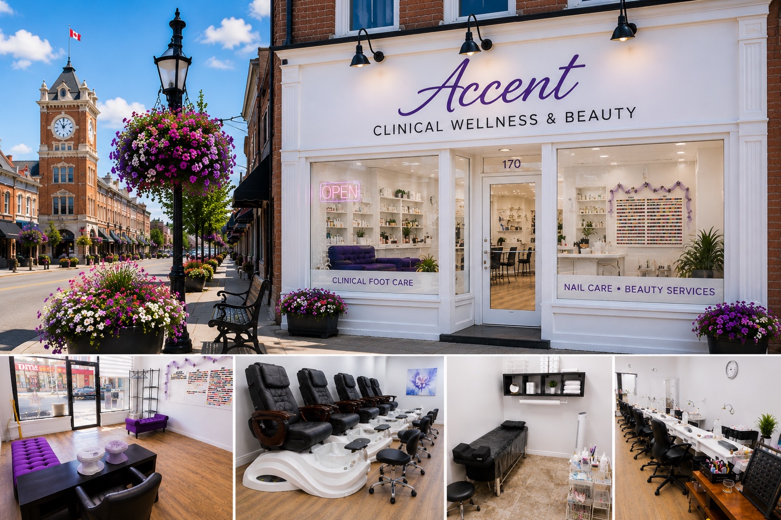 Interior collage of the Accent clinic in Walkerton, Ontario — manicure stations, pedicure chairs, and treatment rooms.