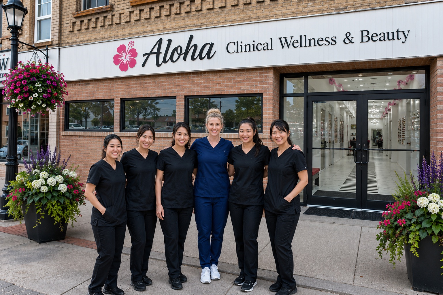 Interior collage of the Aloha clinic in Kincardine, Ontario — manicure stations, pedicure chairs, and treatment rooms.