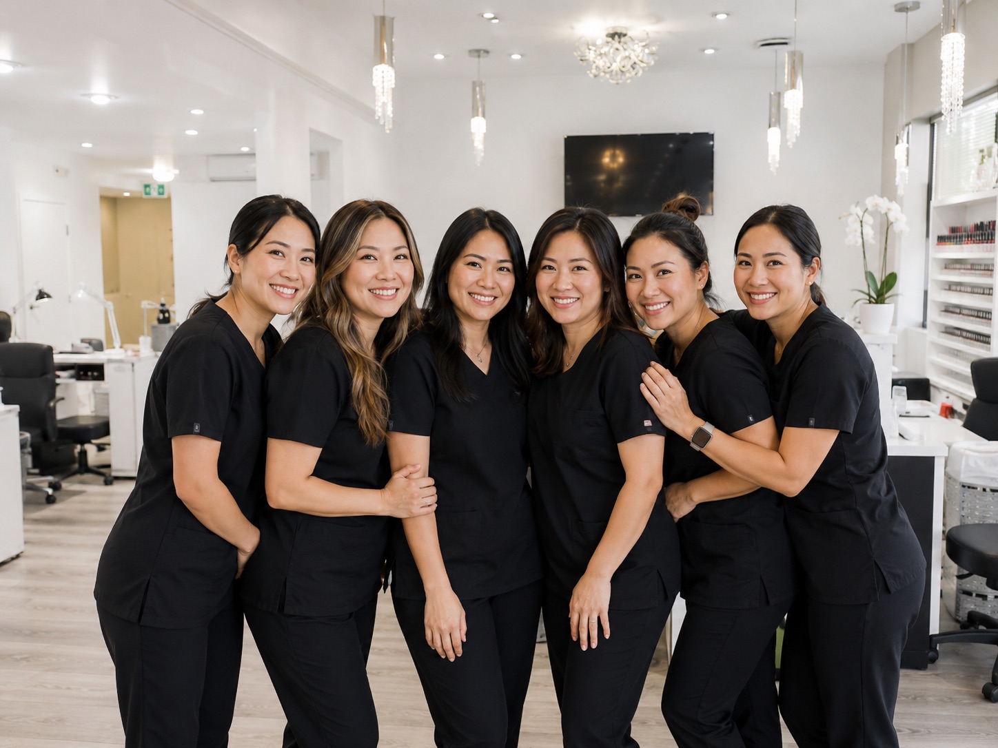 Interior collage of the Angelic clinic in Port Elgin, Ontario — pedicure chairs, manicure stations, and reception.