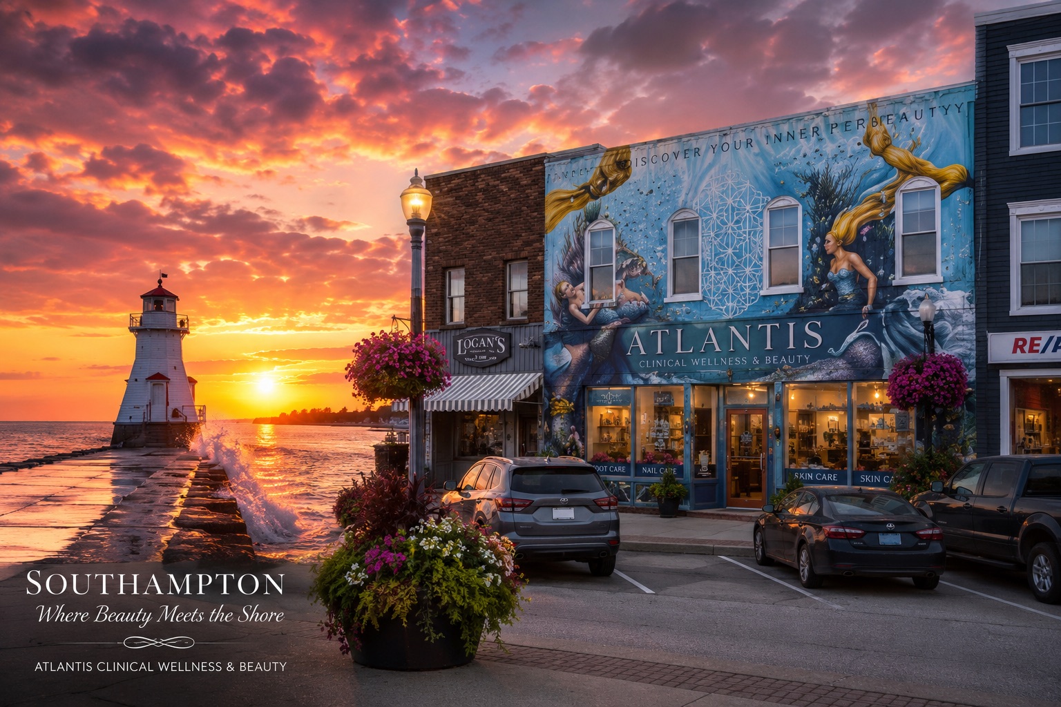 Interior collage of the Atlantis clinic in Southampton, Ontario — manicure stations, pedicure chairs, and treatment rooms.