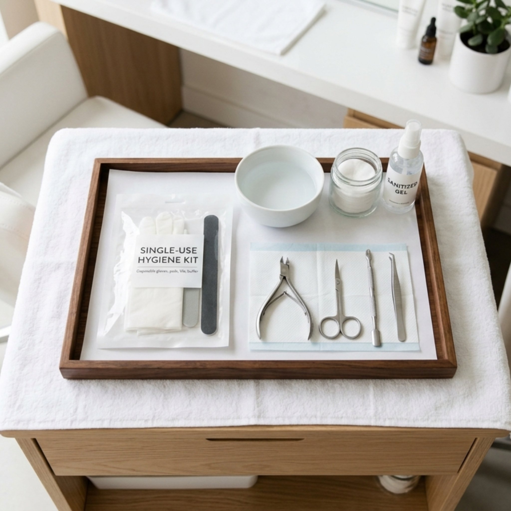 Clean clinic workspace with single-use kit on tray